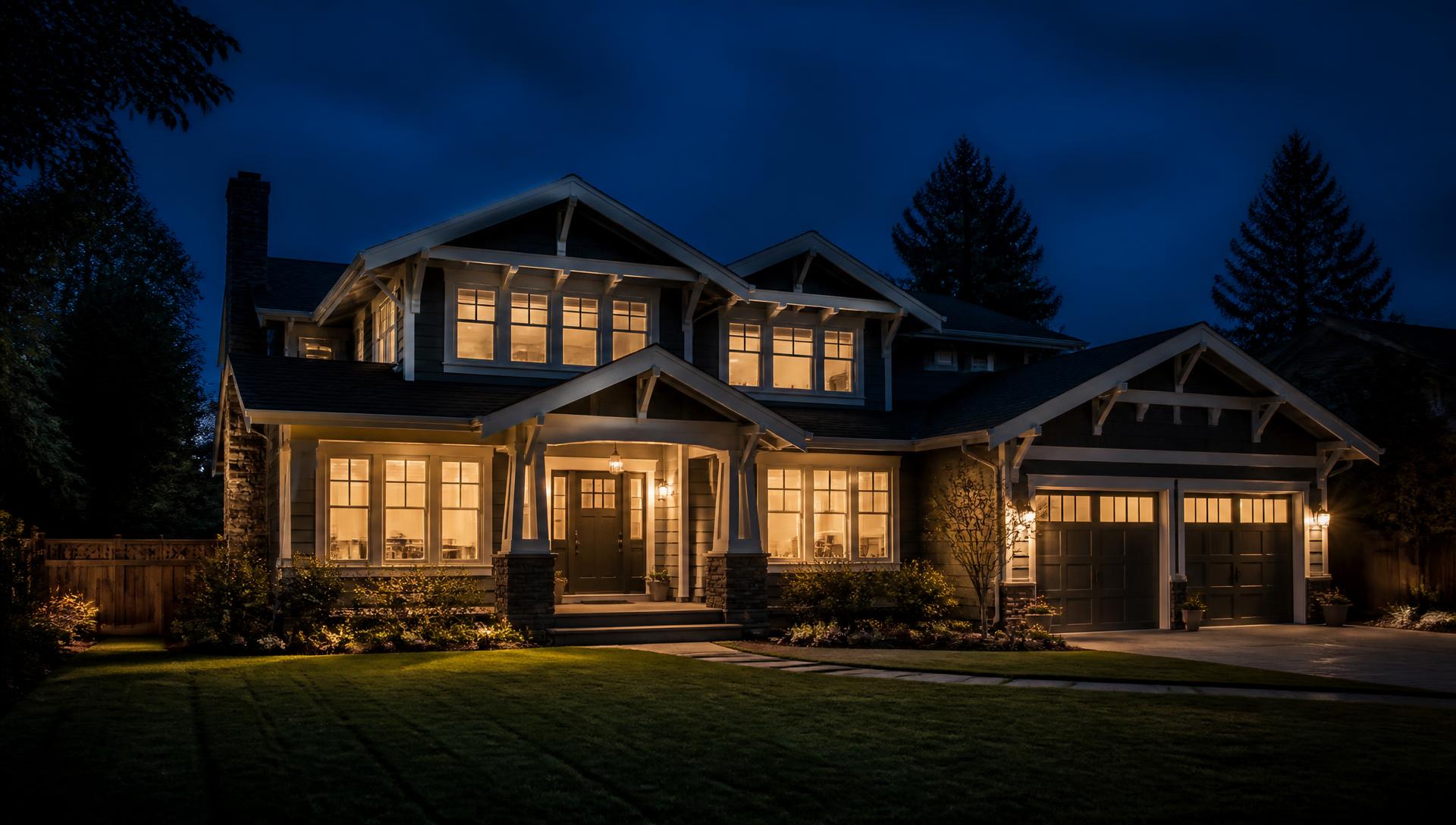 Craftsman home at dusk with warm lights in the windows